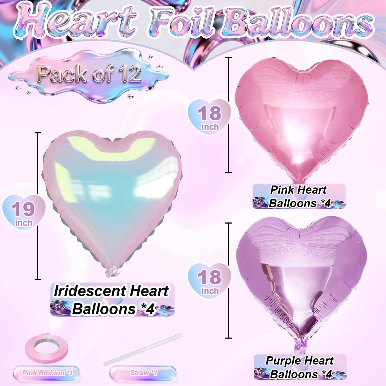 Pink Purple Iridescent Heart Balloons, 12 Pcs Light Pastel Pink Lavender and .