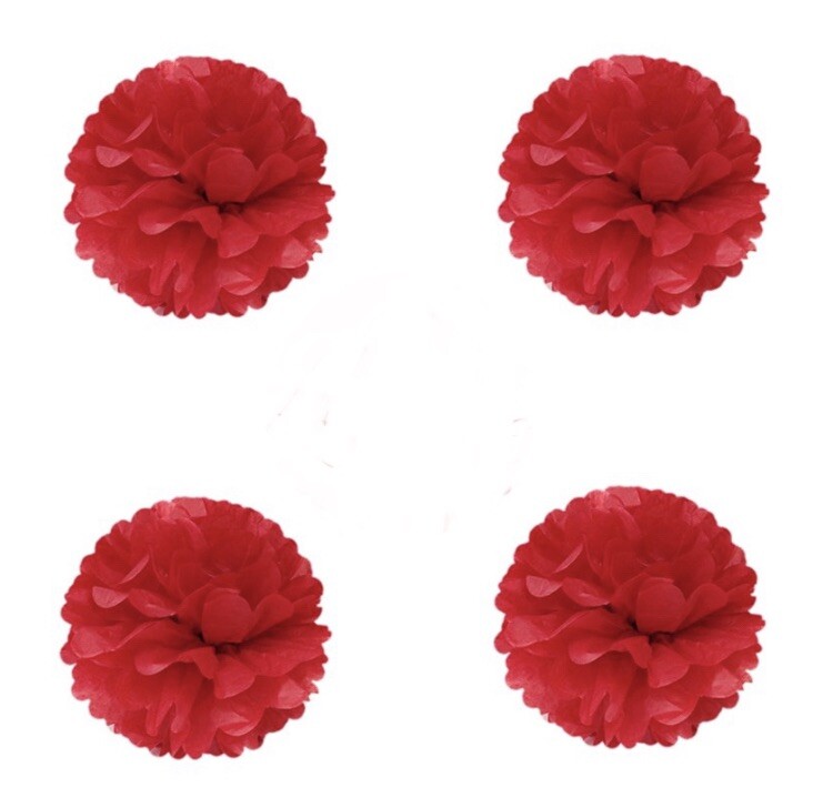 Lot 6 Red Round Tissue Paper Decor: Two 8” Honeycomb Balls;Four 6” Inch Pom Poms