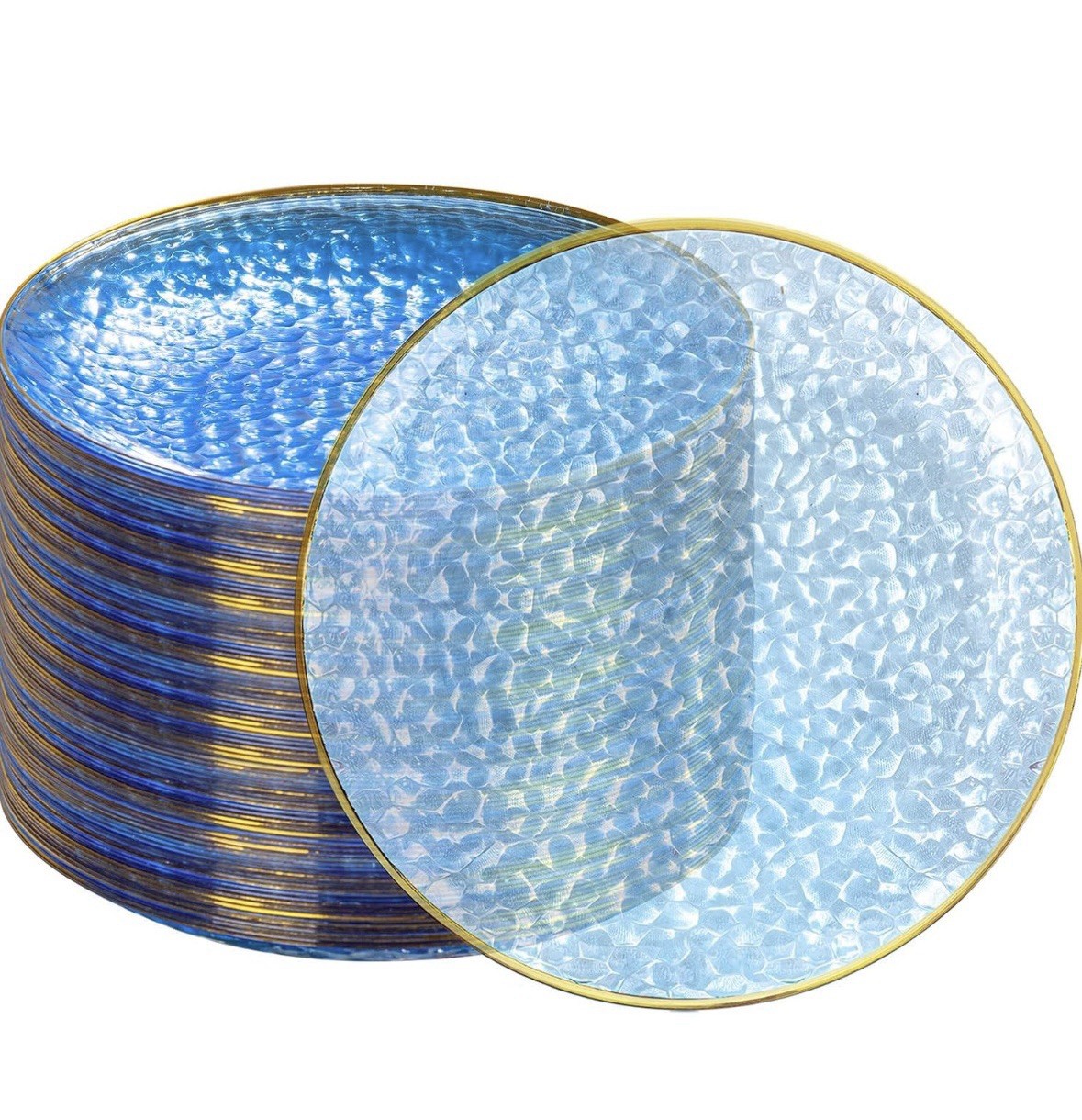 100 Pcs Clear Blue Gold Plastic Plates 7″ by Dayammi