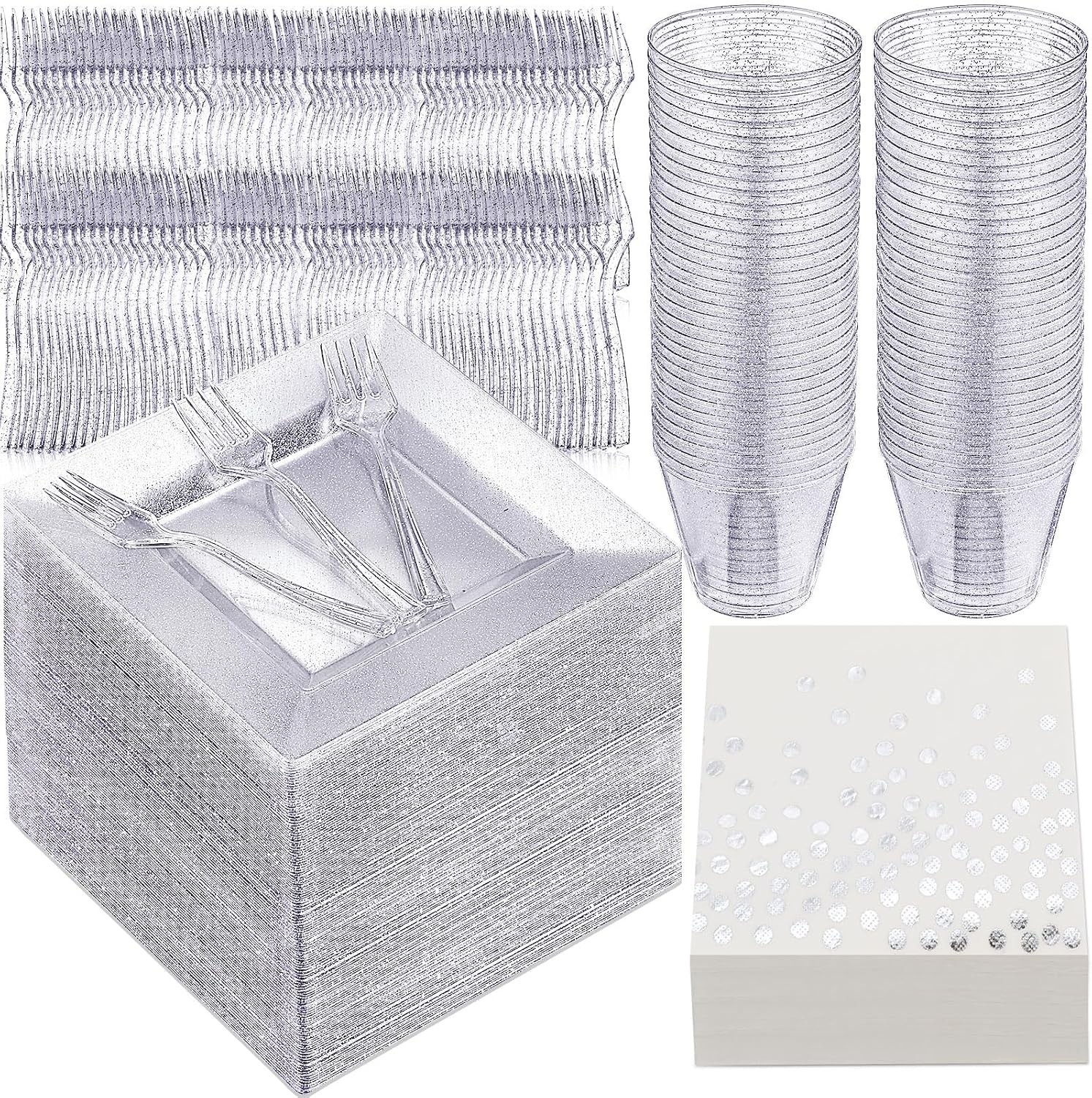 400 Pcs Glitter Dinnerware Set 100 Guests – Square Clear Glitter Plastic Plates