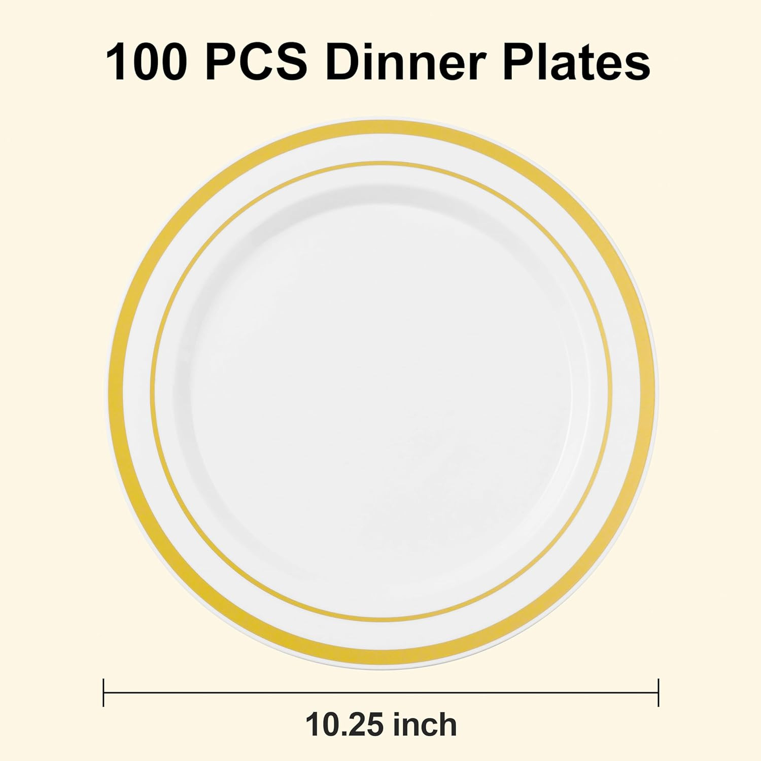 100PCS White Plastic Plates for Party, 10.25 Inch Disposable Plates with Gold Ri
