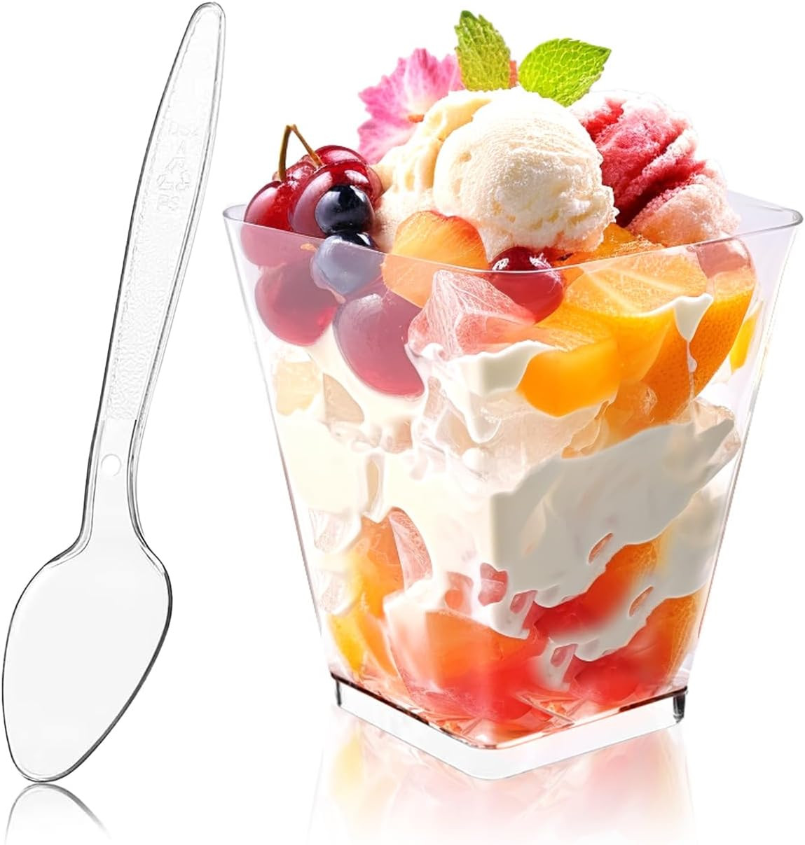 50Pack 5Oz Square Plastic Dessert Cups with Spoons, Reusable Clear Parfait Appet