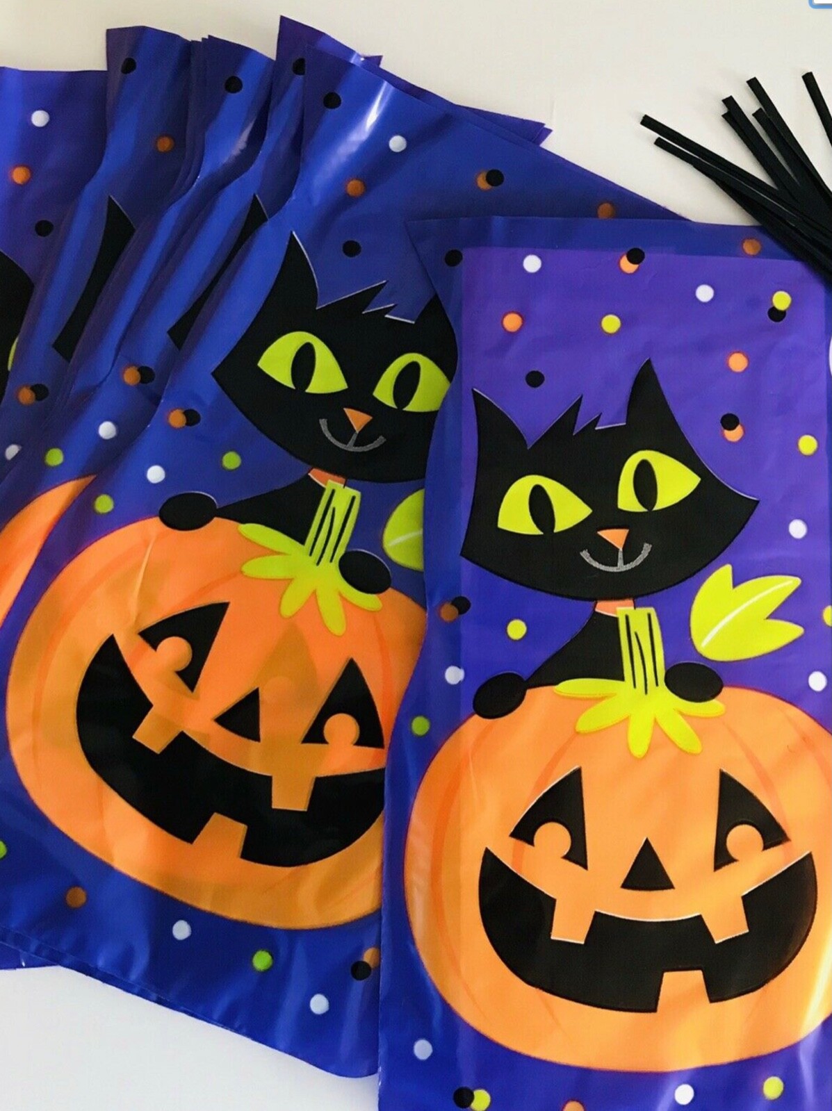10 x HALLOWEEN Pumpkin and Cat CELLOPHANE Sweet Gift LOOT Bags TRICK OR TREAT