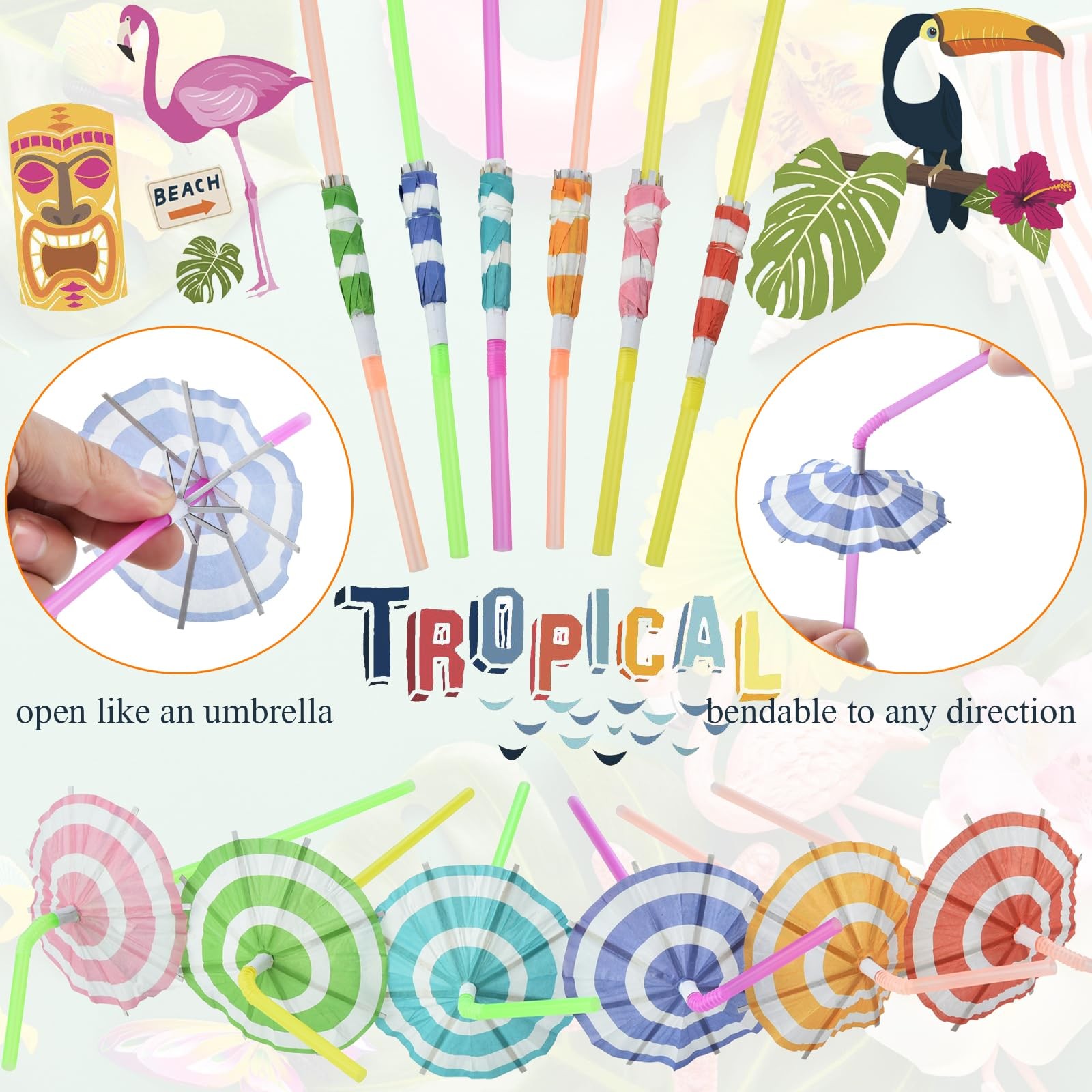 ALINK 100 PCS Umbrella Straws, Long Cocktail Drink Umbrellas Fancy Flower Bar St