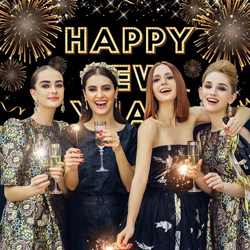 Happy New Year Banner for 2026 Party Decoration, Blackgold New Year Eve Banner