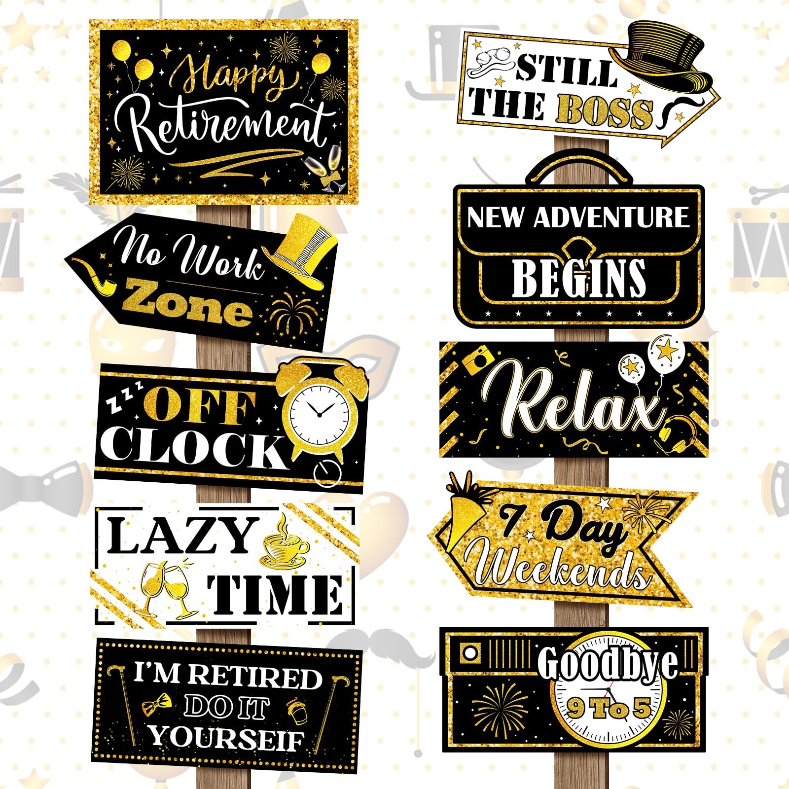 20 Pcs Black and Gold Happy Retirement Banner Sign Party Decorations