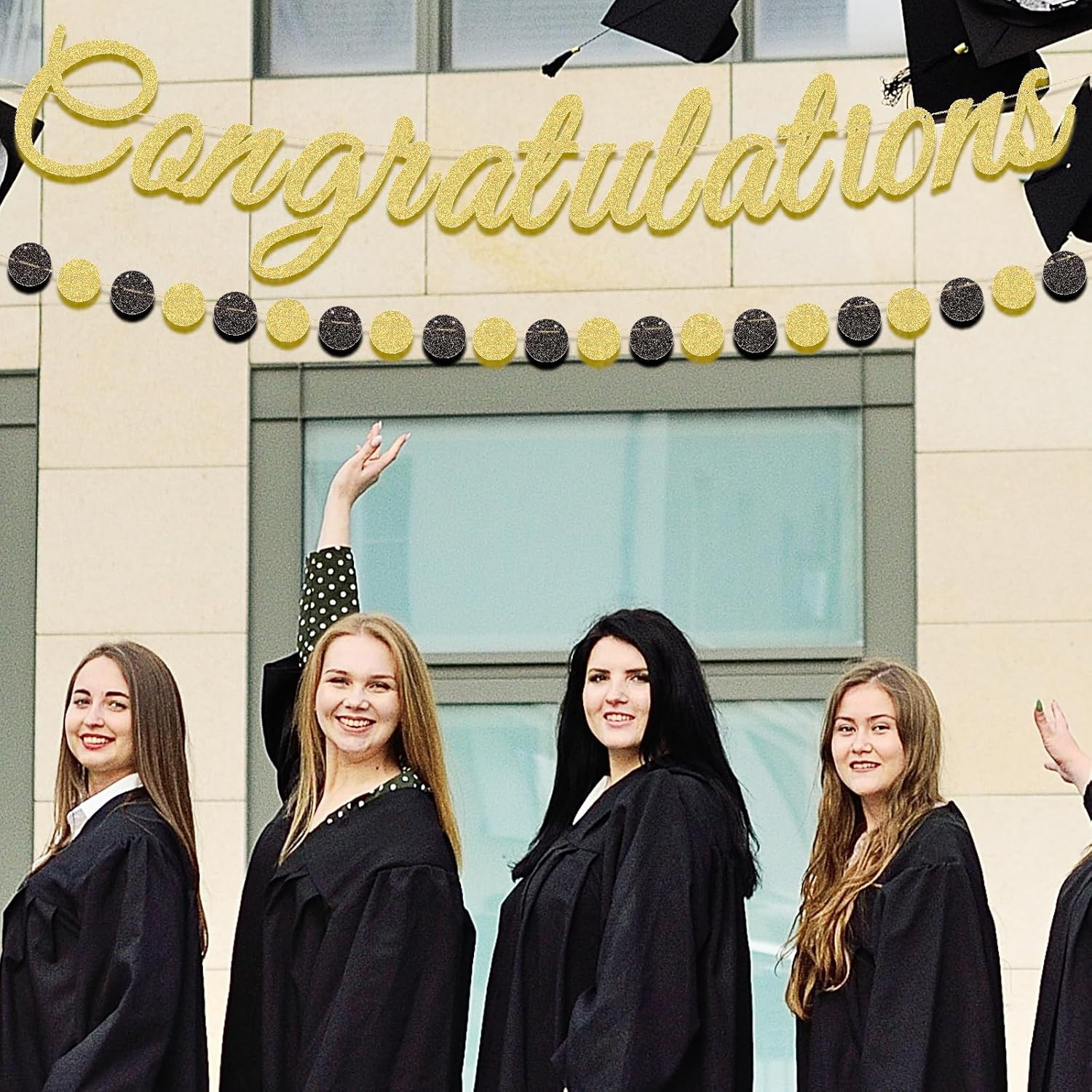 Gold Glitter Congratulations Banner with Black and Gold Circle Garland – Pre-Str
