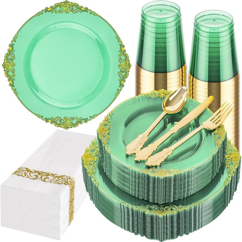 Premium Disposable Plastic Plates Set 25 Guests W/ Gold Cutlery & Napkins New