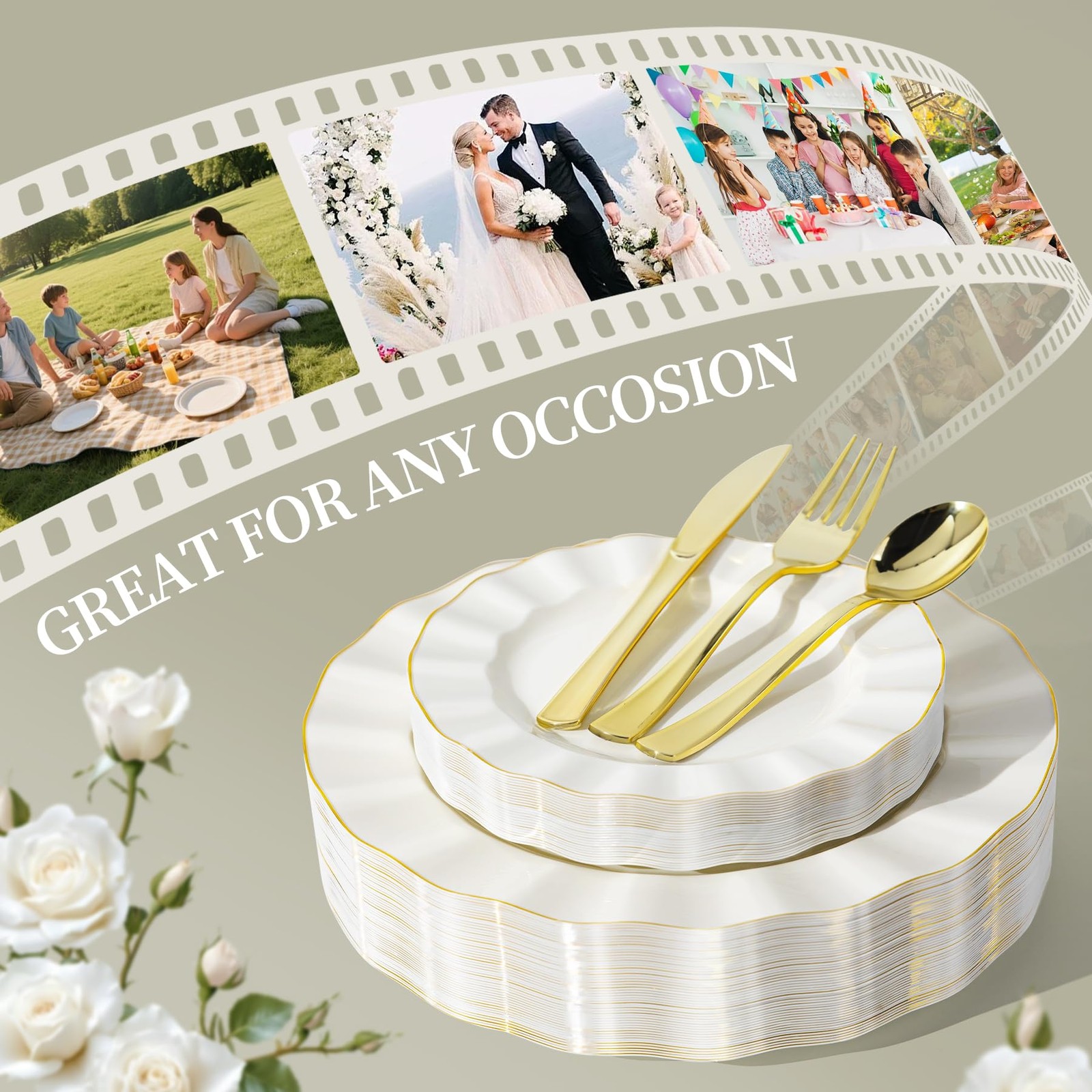 125PCS Ivory Plastic Plates Sets with Gold Rim, Gold Dinnerware Set for 25 Gu…