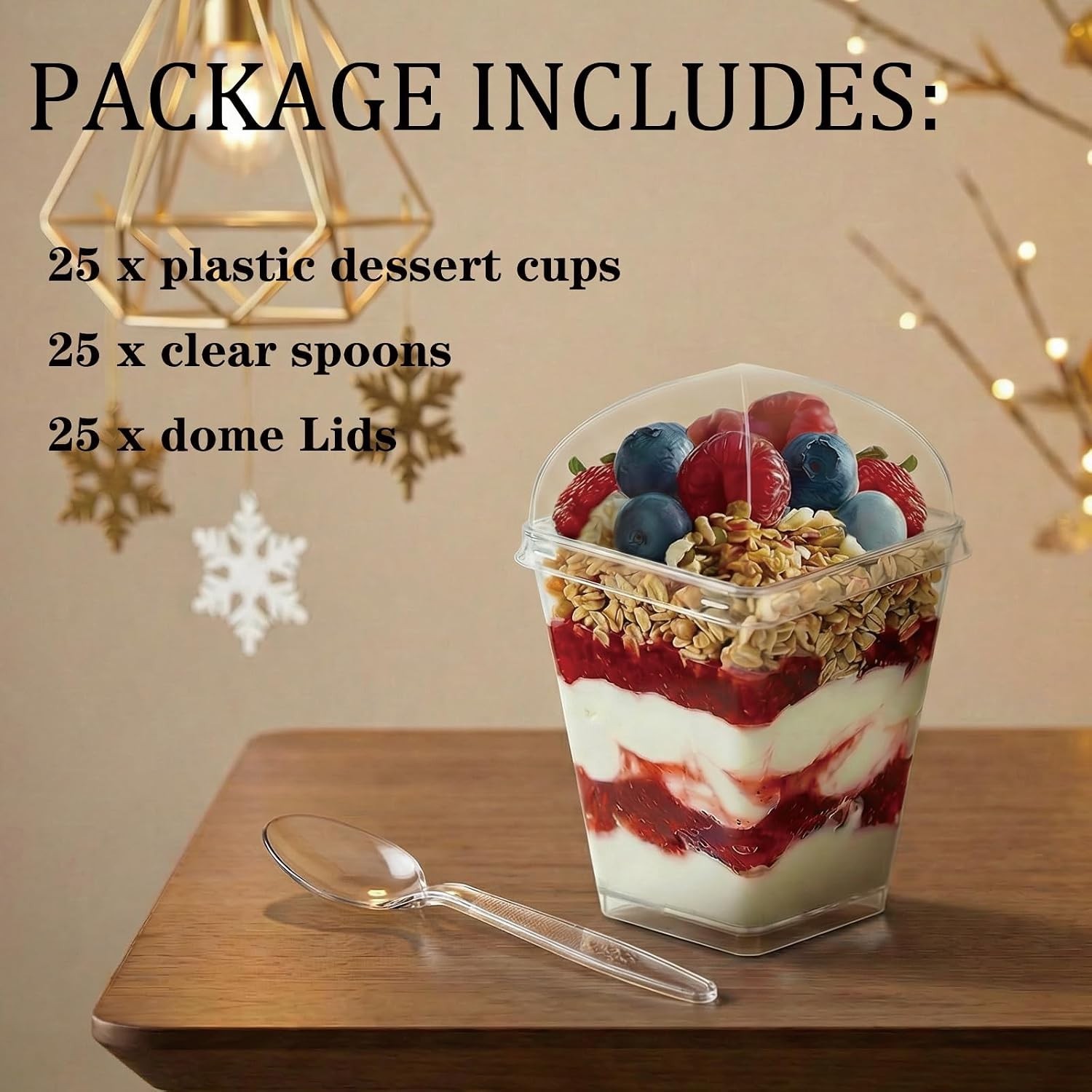 5oz Plastic Dessert Cups with Lids & Spoons 25-Pc Square Parfait Shot Glasses