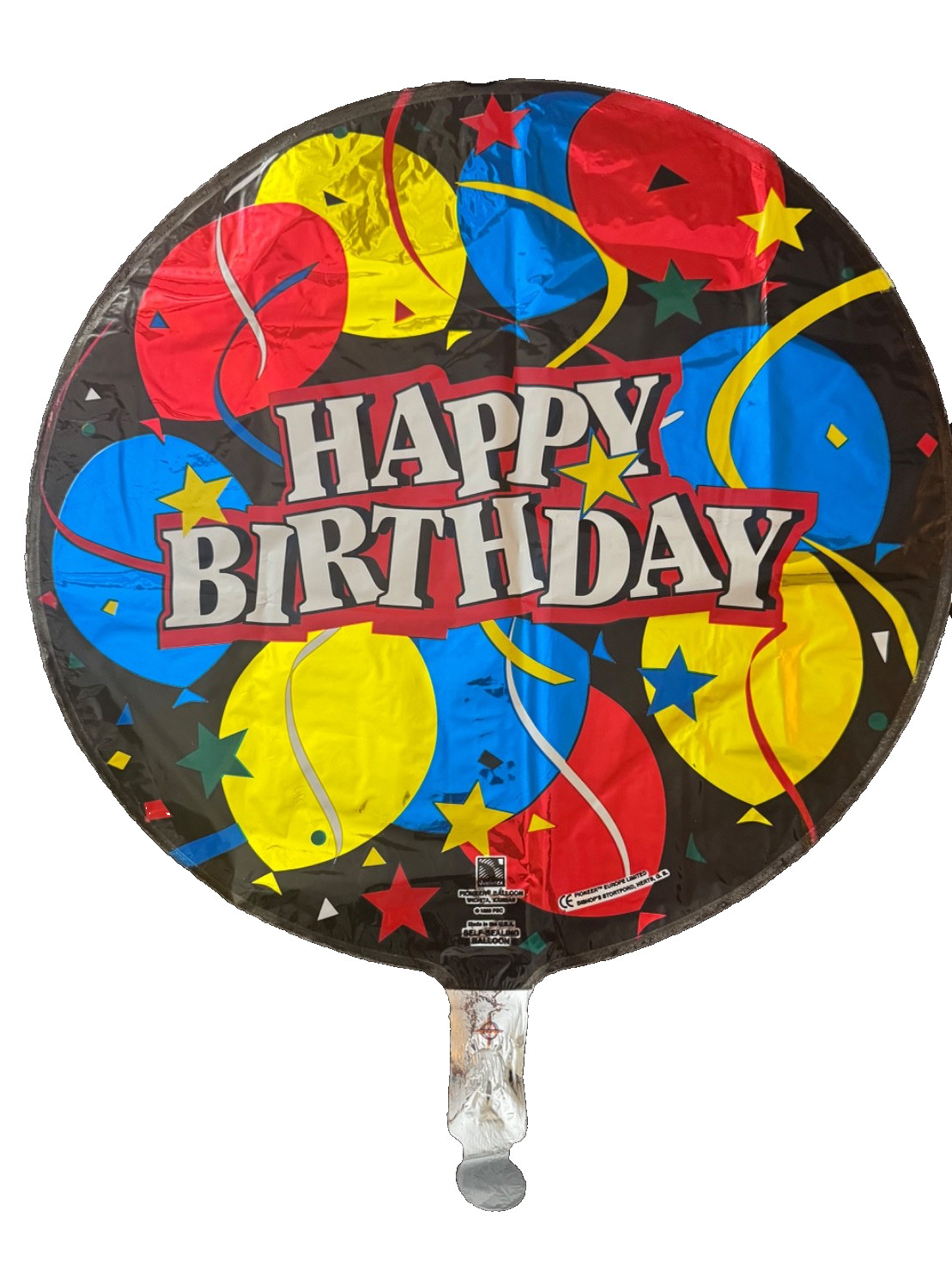 18″ Happy Birthday Foil Balloon- Black with multi color balloons and stars
