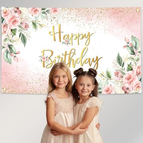 Rose Gold Birthday Backdrop for Women Pink Floral Golden Flash Happy 6×3.6ft