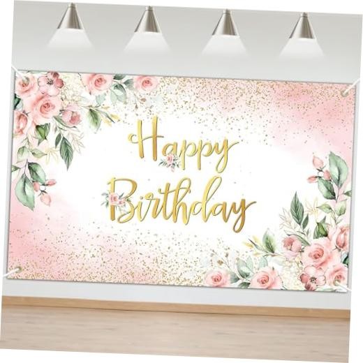 Rose Gold Birthday Backdrop for Women Pink Floral Golden Flash Happy 6×3.6ft