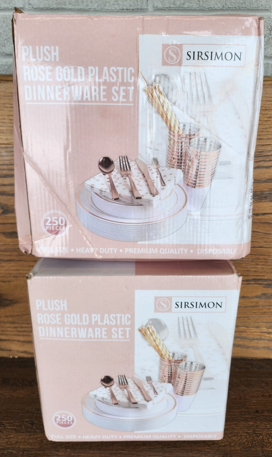 2 BOXES SIRSIMON 500 Piece Disposable Rose Gold Plastic Dinnerware Set Serves 50