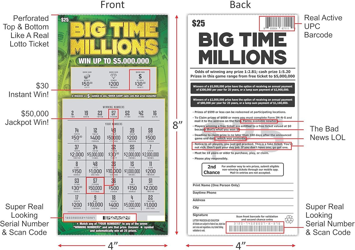 Prank Gag Fake Lottery Tickets – 8 Total Tickets, 4 of Each Winning Tick