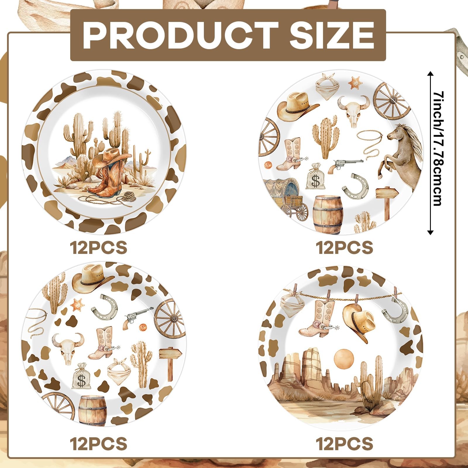 48 Pcs Western Cowboy Plates for Western Party Supplies 7inch Wild West Dispo…