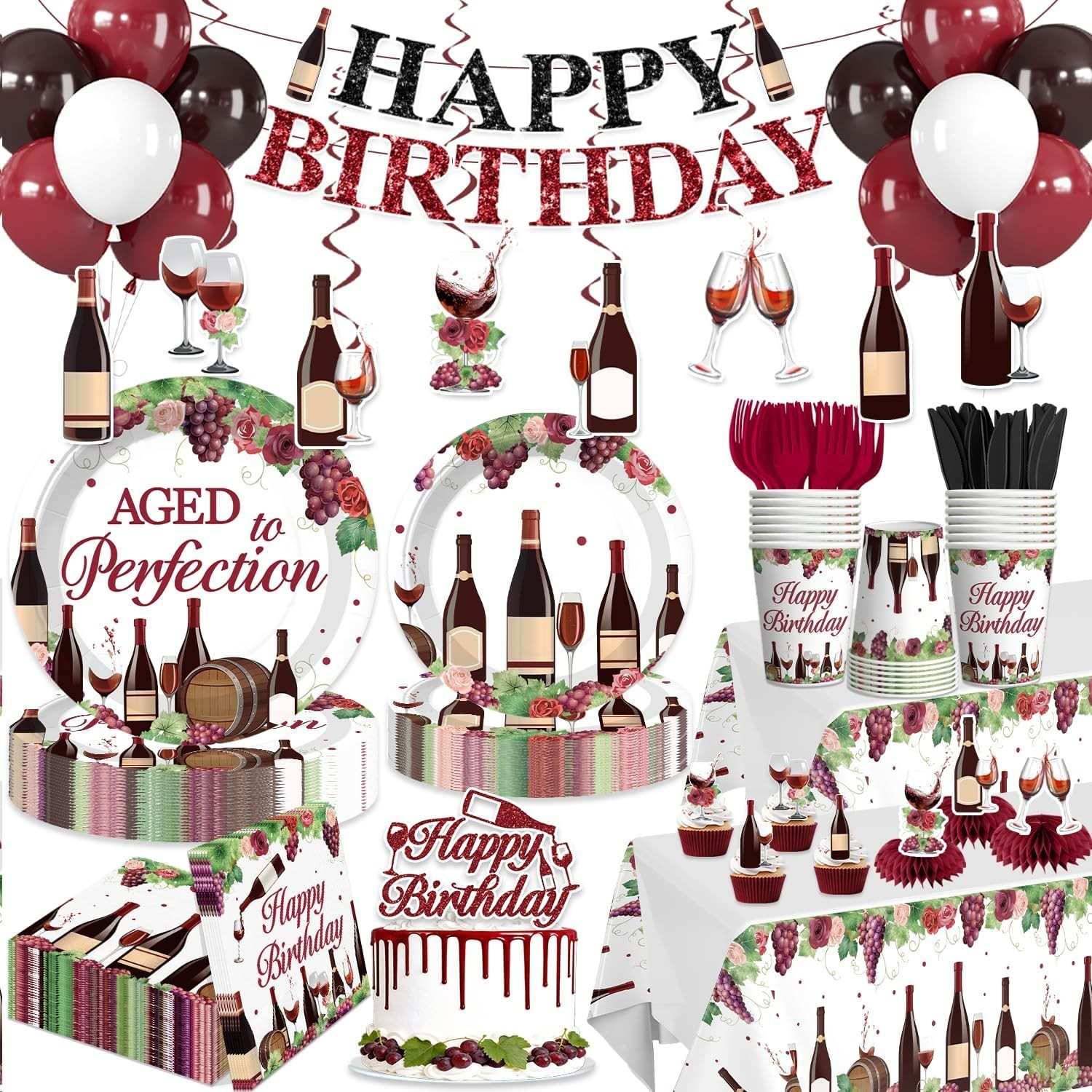 Wine Themed “Aged to Perfection” Birthday Decorations for 25 Guests NEW