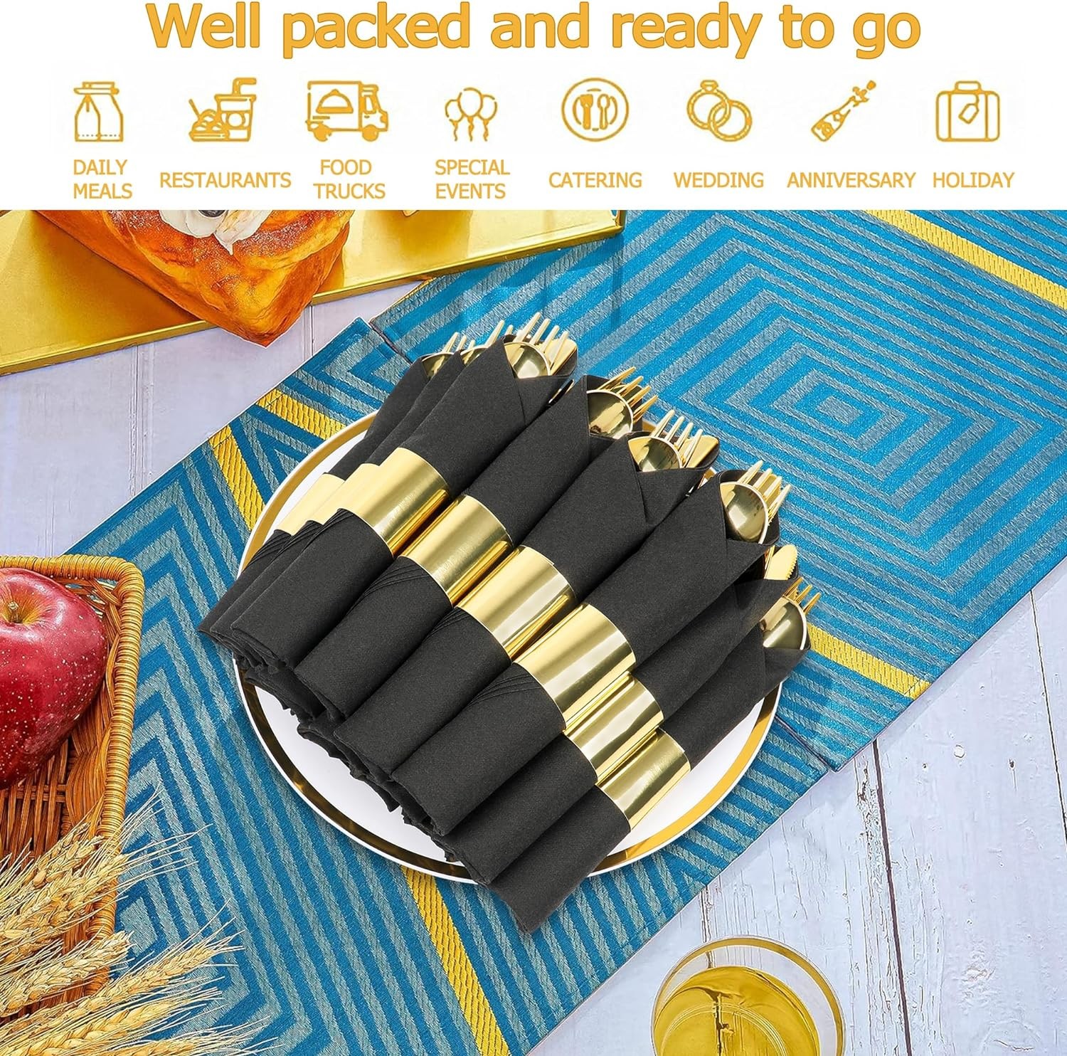 100 Pack Pre Rolled Gold Plastic Silverware Set,Wrapped Plastic Cutlery Set with