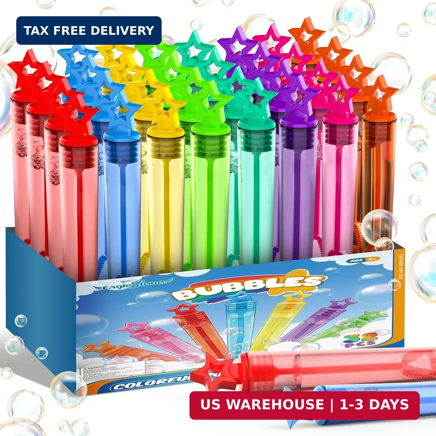 EagleStone 32 Pcs Star Bubble Wands Bulk for Kids, 8 Color Mini Bubble Party Fav