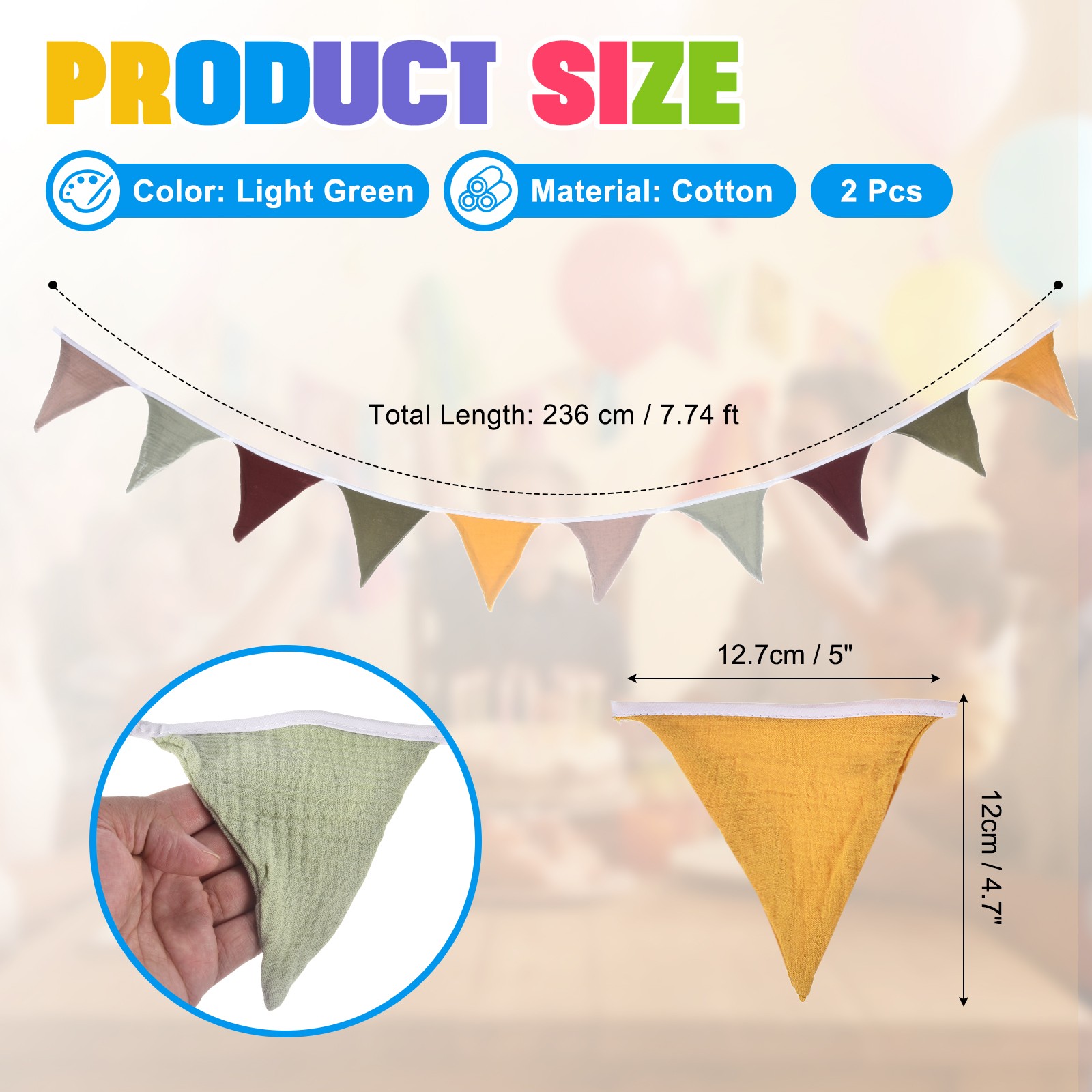 2 Pcs Pennant Flags Banner, 7.74 ft Cotton Fabric Bunting Banner, Brown