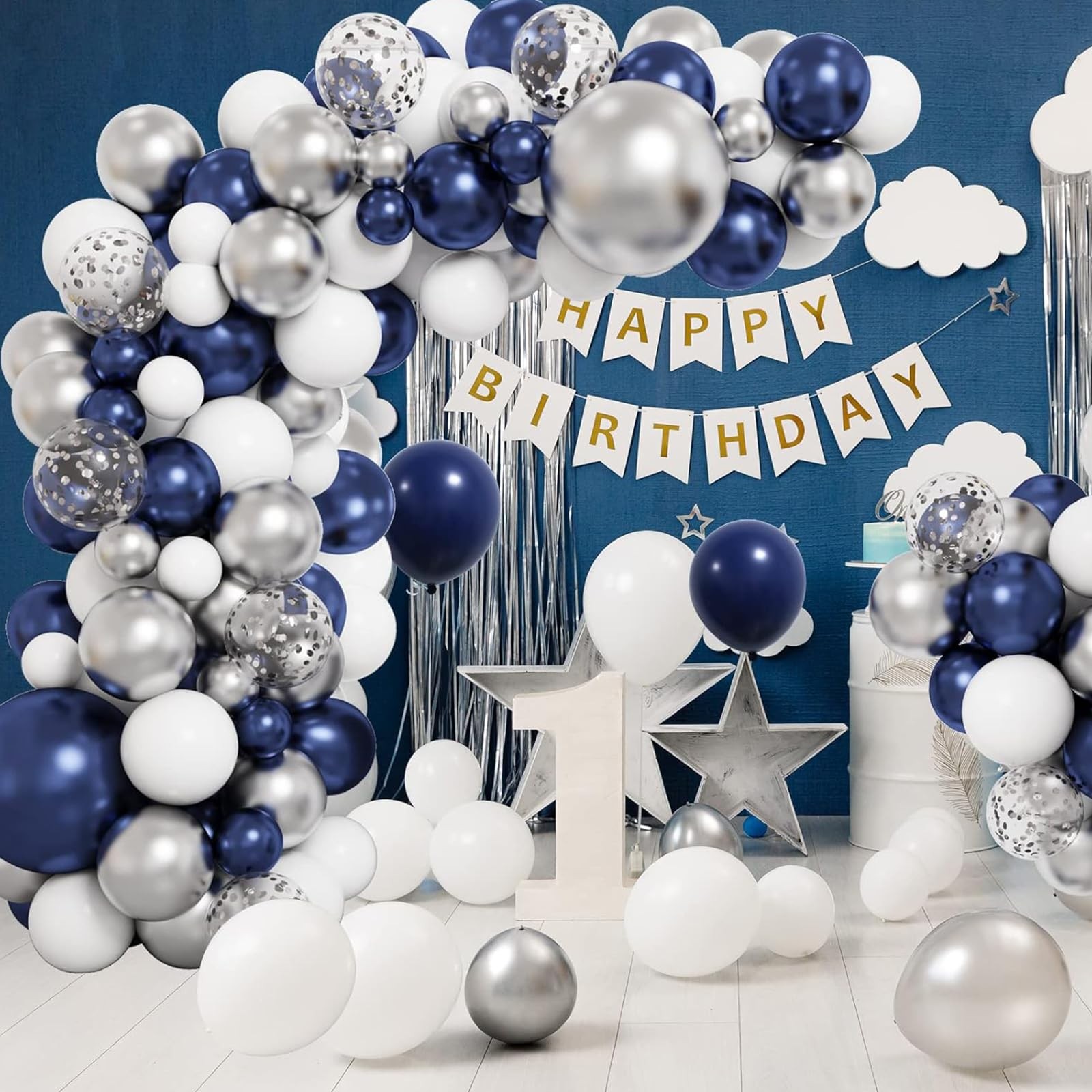 65pcs Navy Blue Silver Balloons, 12 Inches Navy Blue White Metallic Silver Ch…