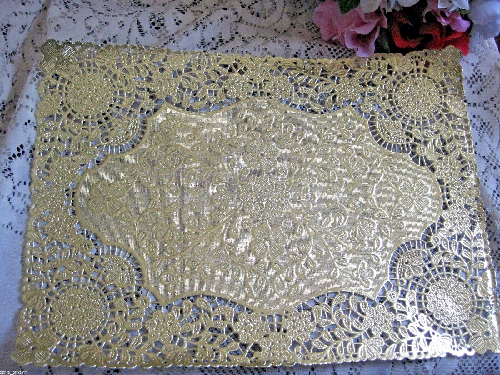 10 PCS GOLD FOIL PLACEMAT RECTANGLE PAPER VICTORIAN LACE DOILY WEDDINGS EVENTS