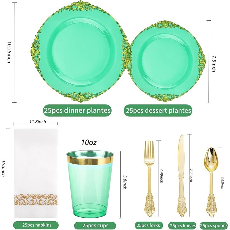 Premium Disposable Plastic Plates Set 25 Guests W/ Gold Cutlery & Napkins New