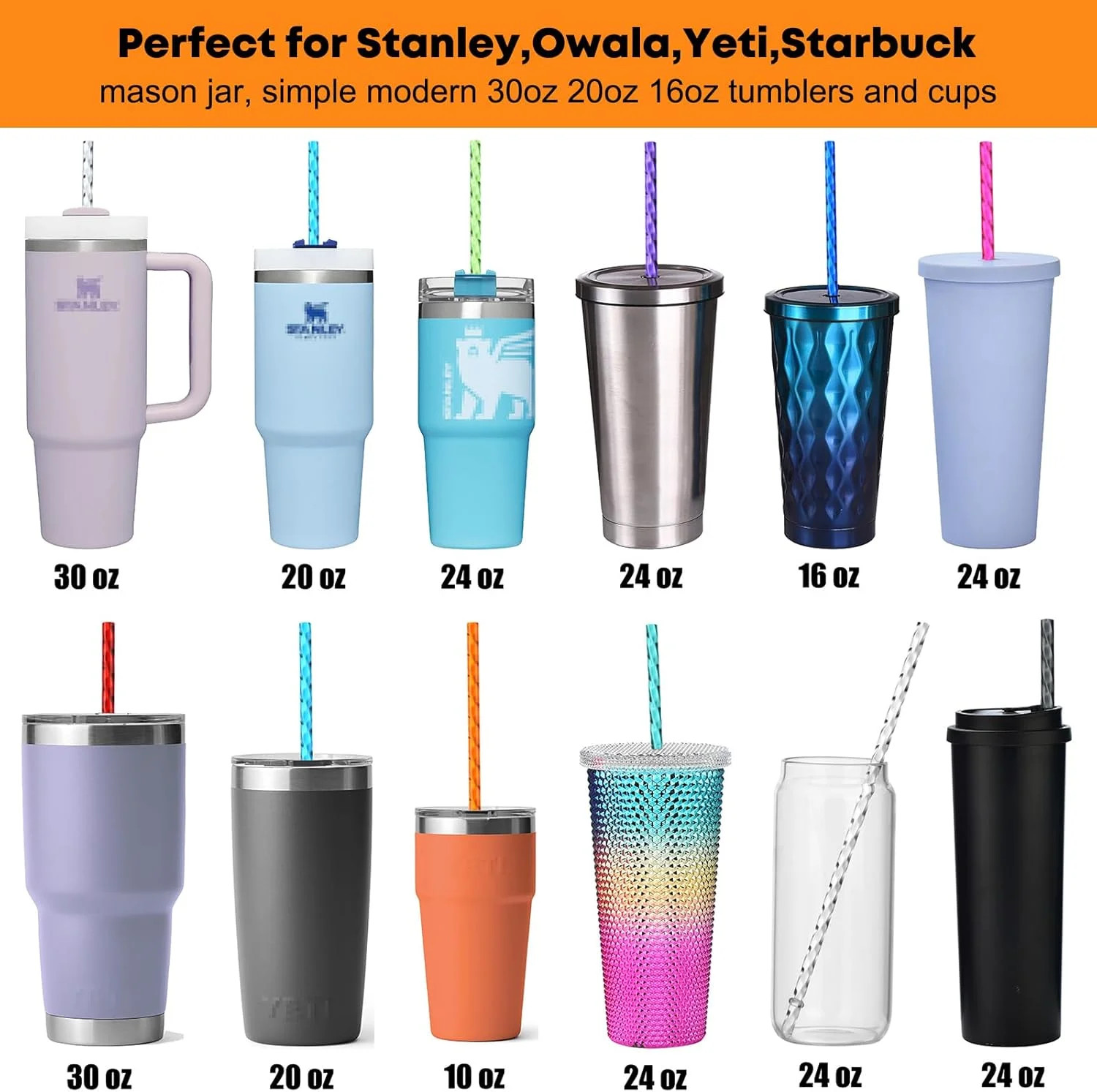 ALINK 12-Pack Reusable Plastic Coloful Swirl Straws, 11 Inch Long PETG Clear Har