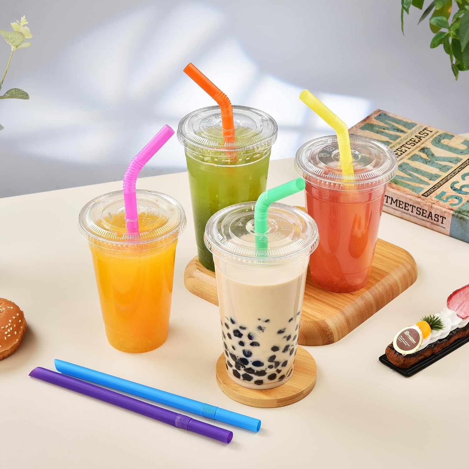 ALINK 100 PCS Jumbo Plastic Boba Straws – Extra Wide Bendy Colorful Disposable F