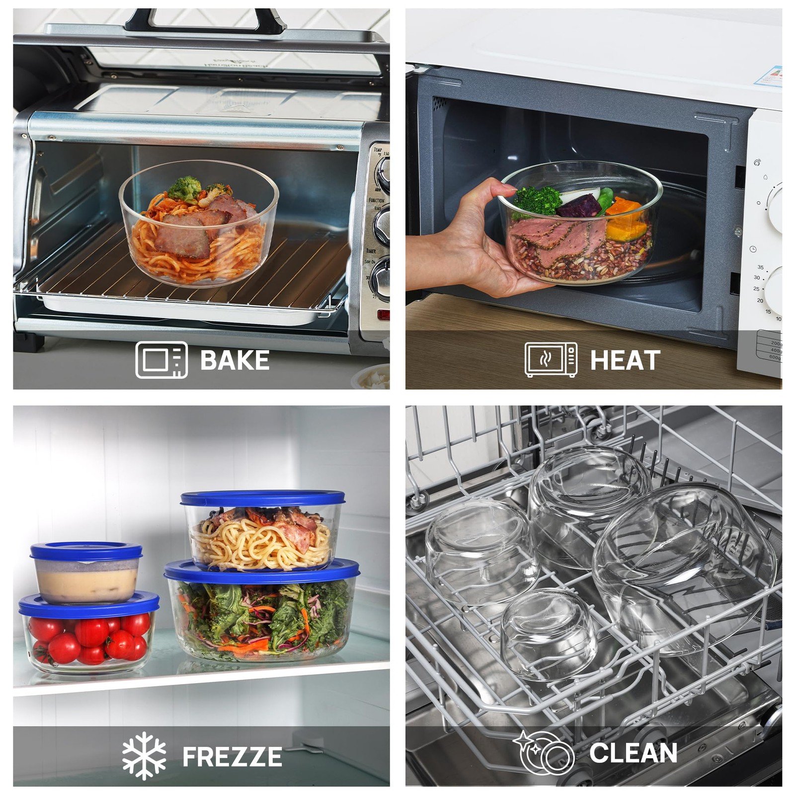 Vtopmart 4 Pack Glass Bowls with Lids (1, 2, 4, 7 Cup), Food Storage Containers,