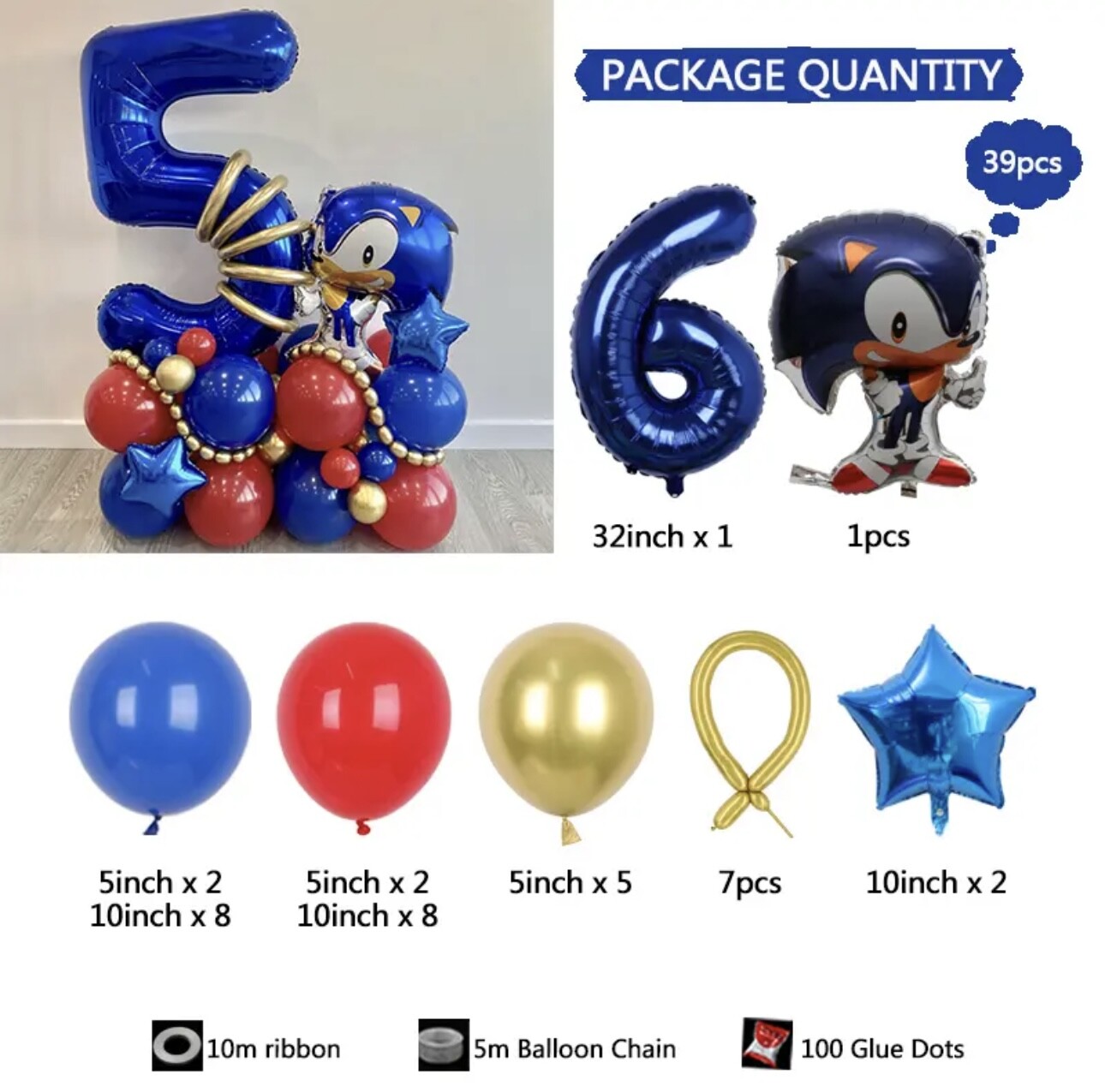 39pcs Sonic The Hedgehog Foil Number Balloons Birthday Decoration Boy Girl Sonic