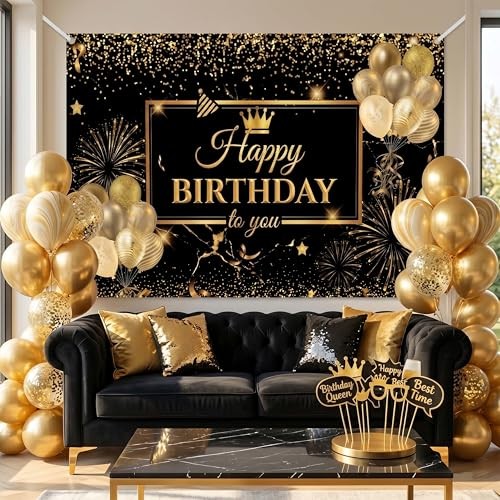 Happy Birthday Backdrop Banner for Photo Booth, Large 59 x 39 Inches Black Gold
