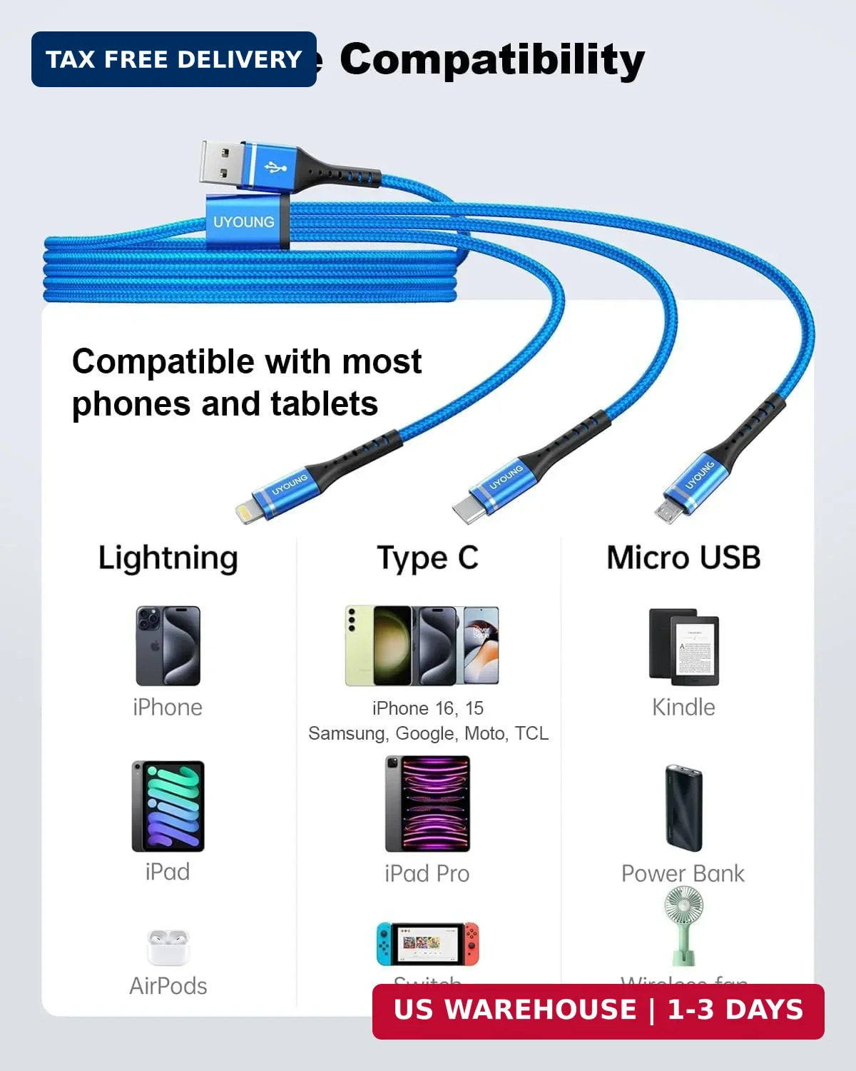 Multi Charging Cable 2Pack 10FT, 3 in 1 Charger Cable Braided Universal Long Pho