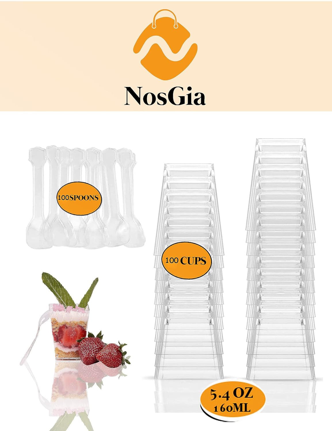 Noscupsgia 5.4 Oz (100 Pack) Dessert Cups with Spoons – Small Plastic Parfait Cu