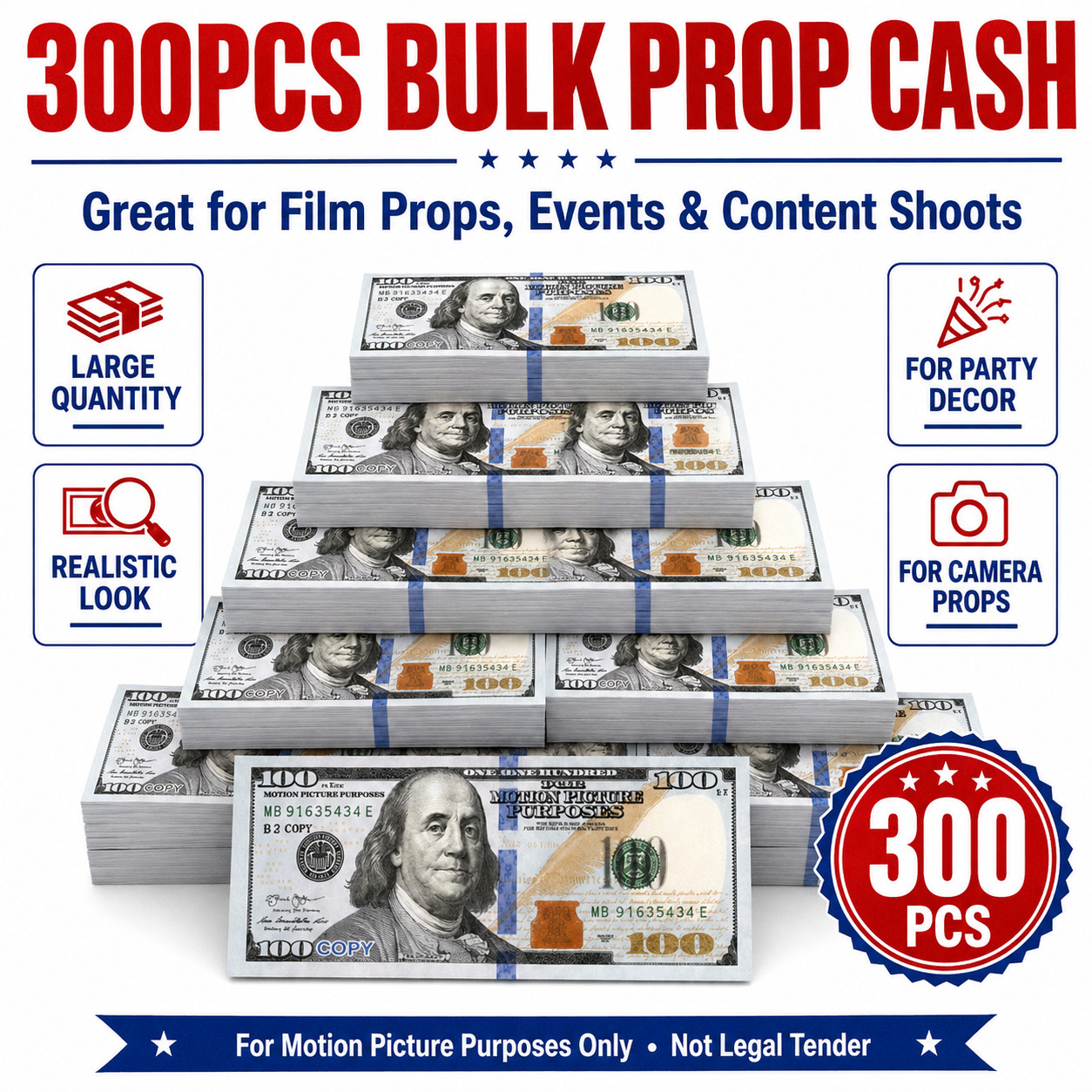 $100 Bills (300pack) Prop Replica Money for Movies, Parties, TikTok & Instagram!