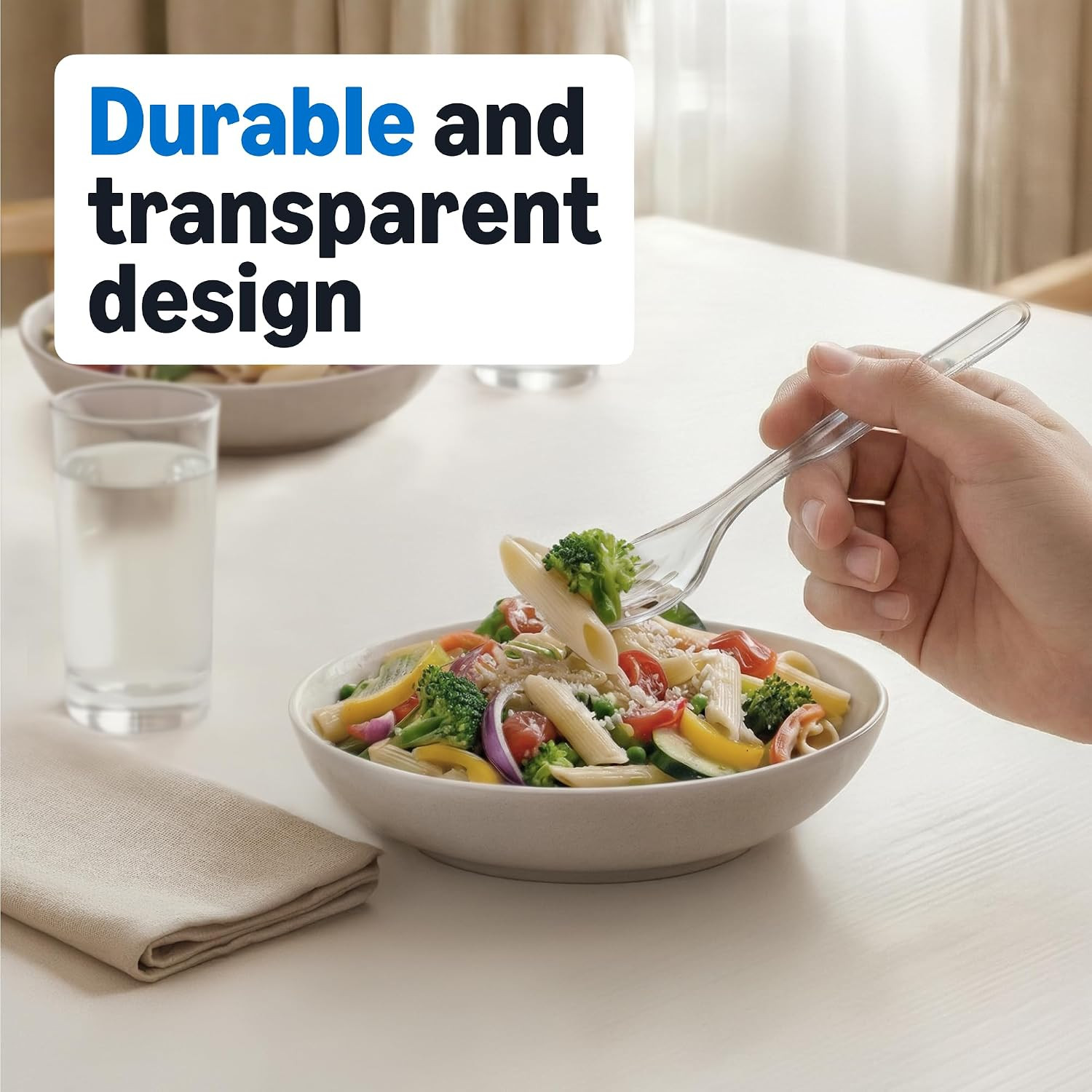 Disposable Clear Plastic Forks, Premium Quality, 100 Count, Large Pack, Packagin
