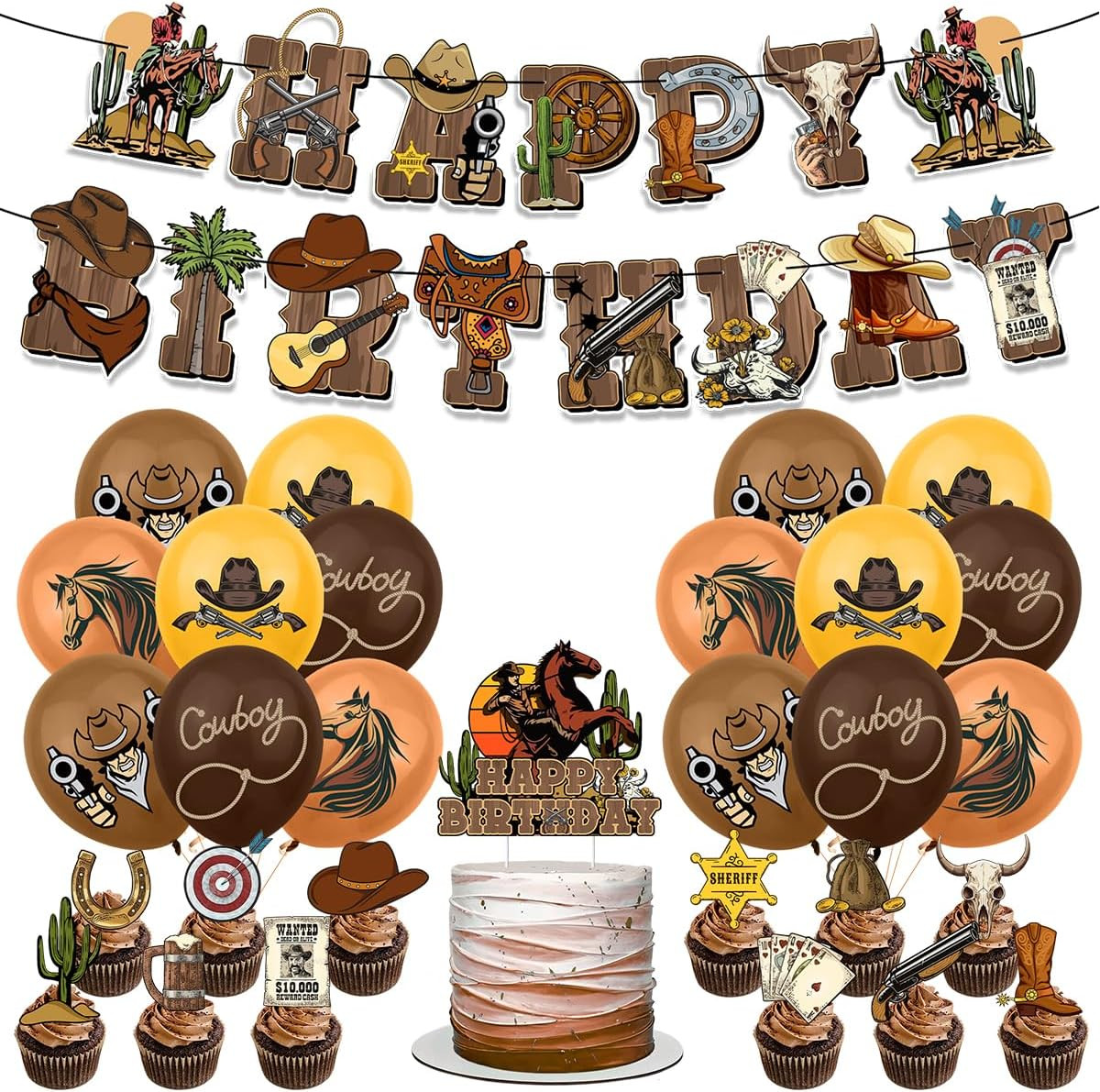Western Cowboy Party Decorations, Cowboy Party Banner Balloon Cake Toppers