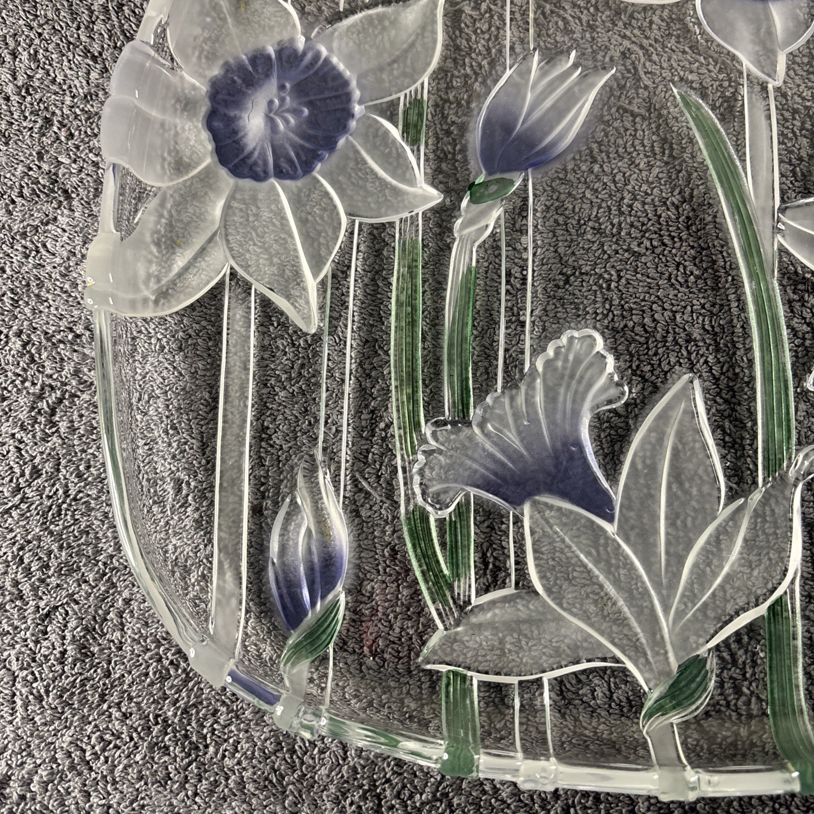 Large Mikasa ? Glass Art-Deco Charger Platter – Daffodil Blue / Clear 12″ x 12″