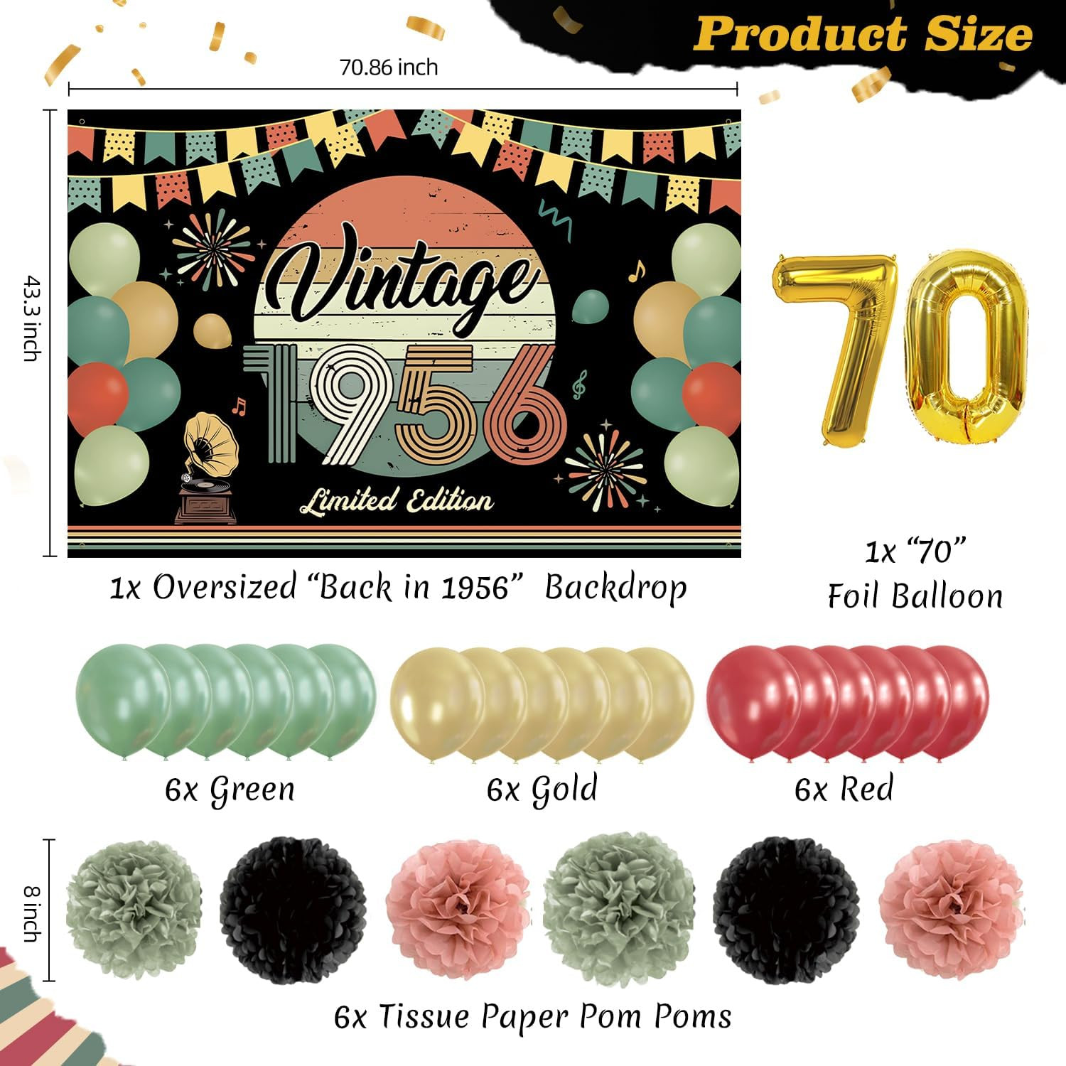 47Pcs 70Th Birthday Decorations for Men Women, PRE-STRUNG Vintage 1956 Banner Pa