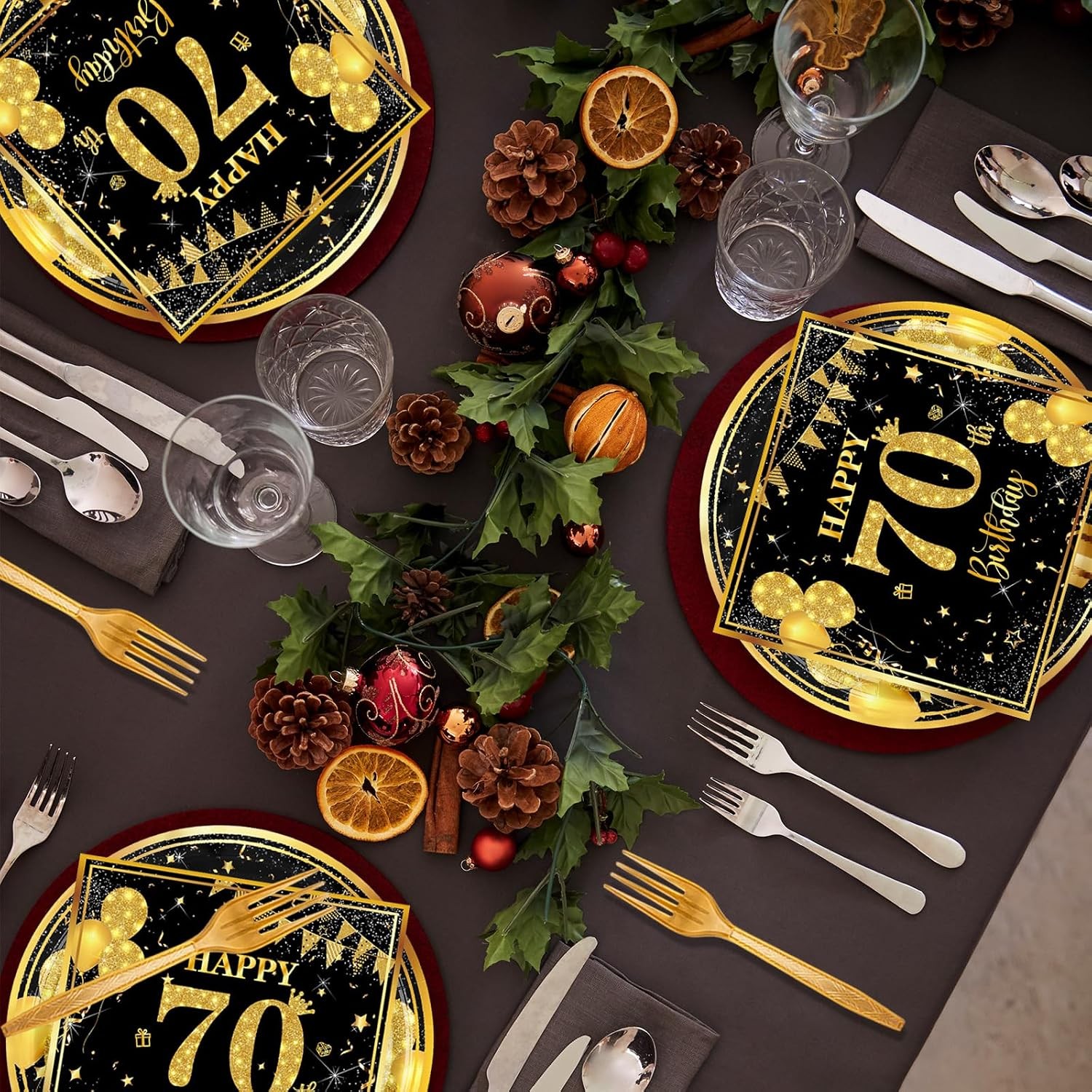 70th 7 inch Birthday Party Paper Plates and Napkins Forks 60 pcs Black Gold