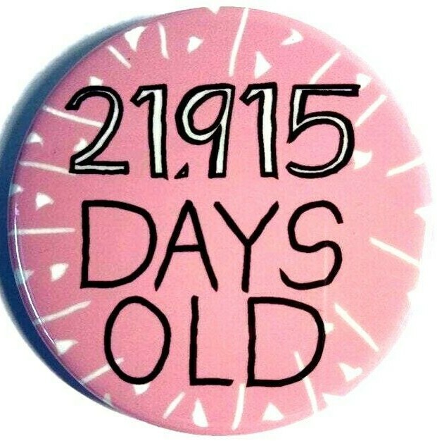 60th birthday badge age number pin sixty age party sixtieth days old pink colour
