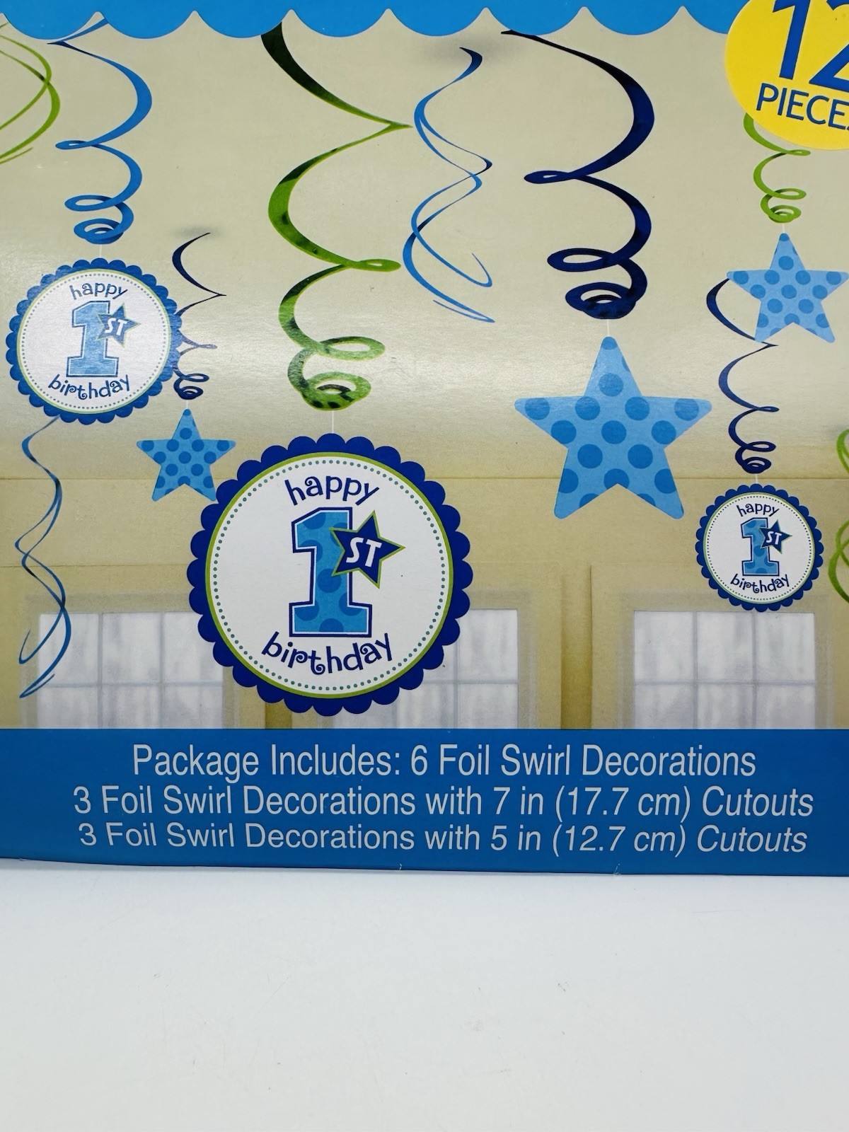 New First 1st Birthday Foil Swirl Decorations Blue Boy Polka Dots 12 Pieces
