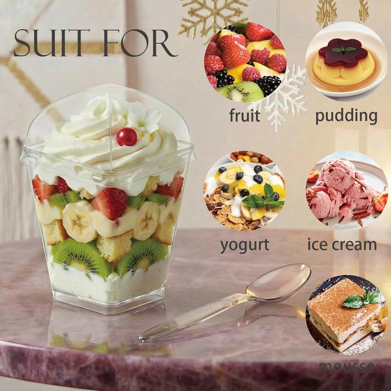 5oz Plastic Dessert Cups with Lids & Spoons 25-Pc Square Parfait Shot Glasses