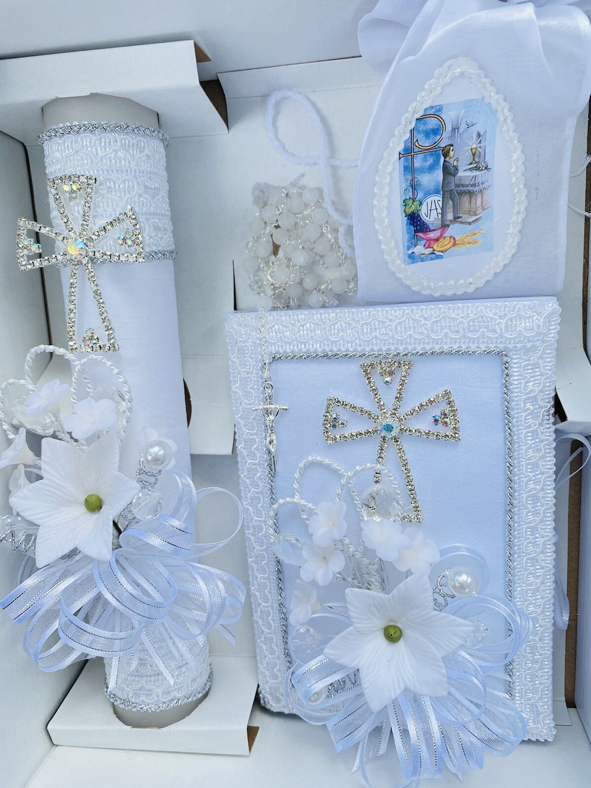 Silver First Communion Candle Set Boy Gift Vela Primera Comunion Niño ENGLISH