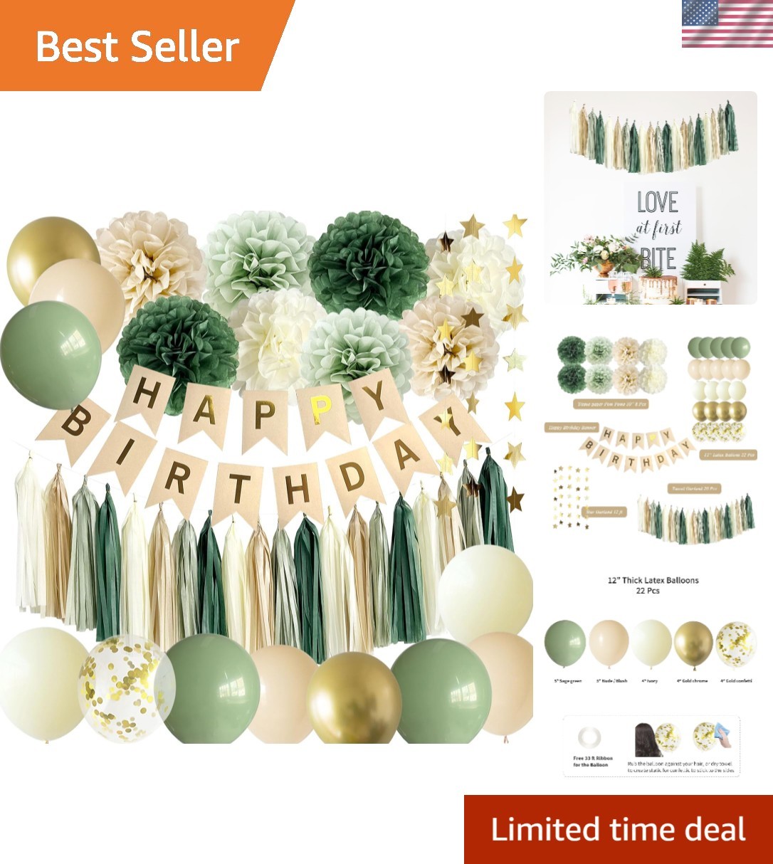 Complete Sage Green Birthday Decorations – Elegant Banner & Balloons Set