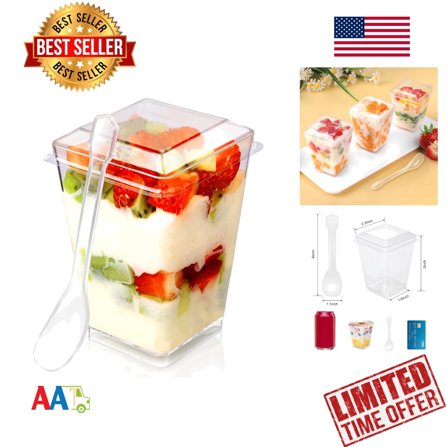 Plastic Dessert Cups 5oz with Lids & Spoons 20 Sets for Pudding Fruit