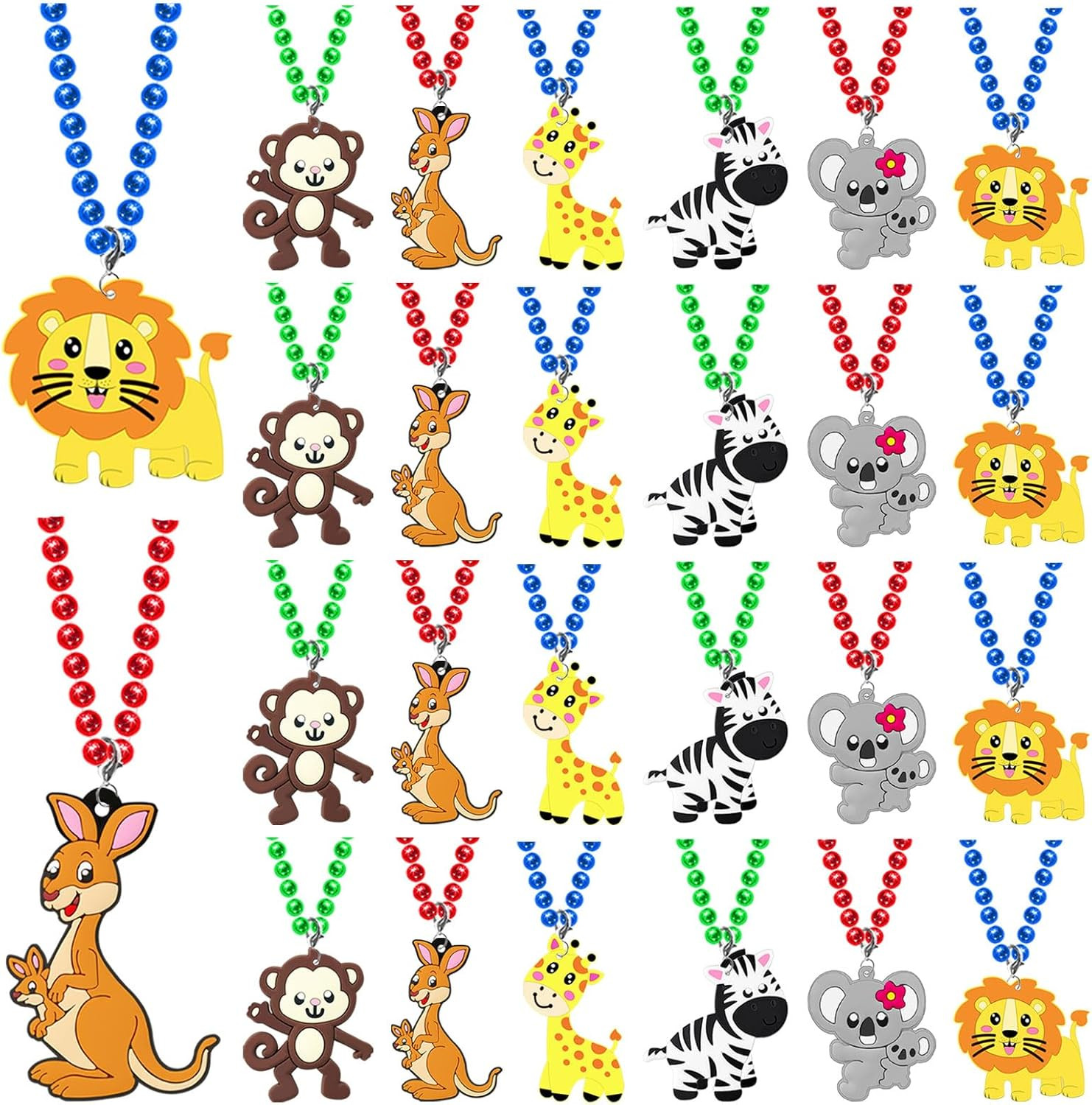 24 Pack Wild Animal Necklace Party Favors for Safari Animal Themed Baby Shower,