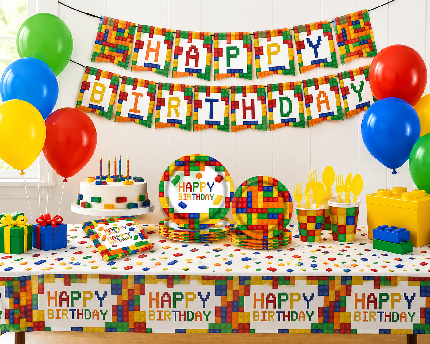 Building Blocks Birthday Party Supplies for 16 Guests Fits LEGO building brick