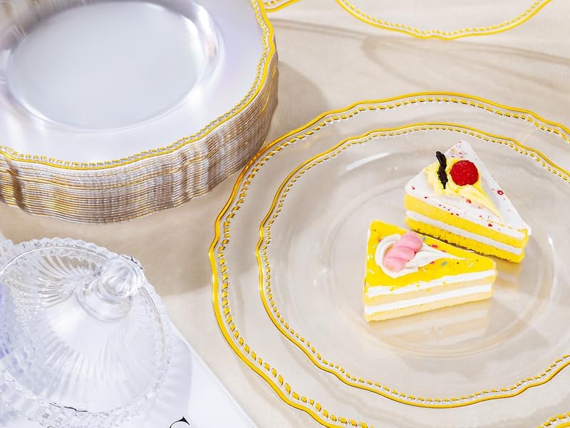 60pcs Clear Plastic Plates Clear and Gold Disposable Dinnerware with Gold Ri…