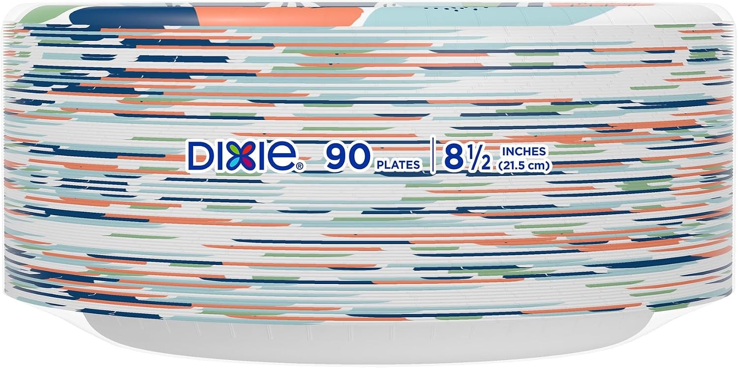 Dixie Medium Paper Plates, 8.5 Inch, 90 Count, 2X Stronger, Microwave-Safe, Soak